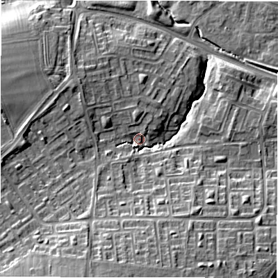 Shaded relief map of the ground around NE137AW, computed from Environment Agency LiDAR. The ground here sits at about 59 m above sea level and falls 15 m across the surrounding 800 m. Surface water reaching this point runs off ground lying to the south-south-west, 10.6 m higher.