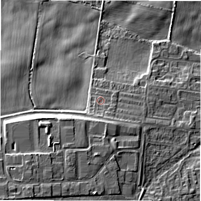 Shaded relief map of the ground around NE137BD, computed from Environment Agency LiDAR. The ground here sits at about 66 m above sea level and falls 17 m across the surrounding 800 m. Surface water reaching this point runs off ground lying to the south, 2.6 m higher.