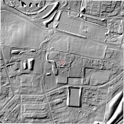 Shaded relief map of the ground around NE137NT, computed from Environment Agency LiDAR. The ground here sits at about 69 m above sea level and falls 40 m across the surrounding 800 m. Surface water reaching this point runs off ground lying to the north-west, 1.6 m higher.