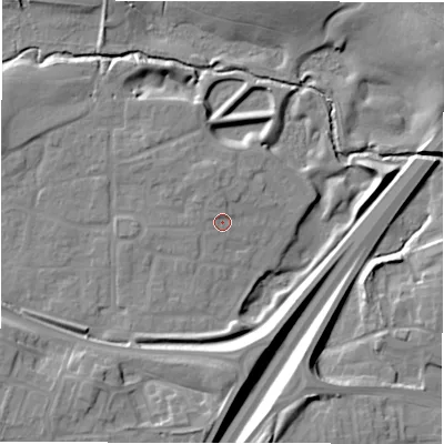 Shaded relief map of the ground around NE139AW, computed from Environment Agency LiDAR. The ground here sits at about 55 m above sea level and falls 14 m across the surrounding 800 m. Surface water reaching this point runs off ground lying to the north-north-west, 1.7 m higher.