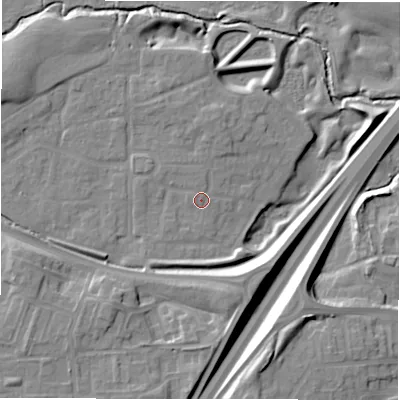 Shaded relief map of the ground around NE139AX, computed from Environment Agency LiDAR. The ground here sits at about 55 m above sea level and falls 14 m across the surrounding 800 m. Surface water reaching this point runs off ground lying to the south-west, 1.1 m higher.