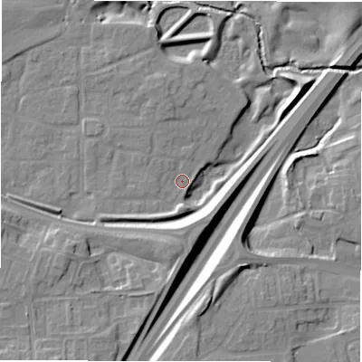 Shaded relief map of the ground around NE139AY, computed from Environment Agency LiDAR. The ground here sits at about 53 m above sea level and falls 14 m across the surrounding 800 m. Surface water reaching this point runs off ground lying to the south-west, 3.8 m higher.