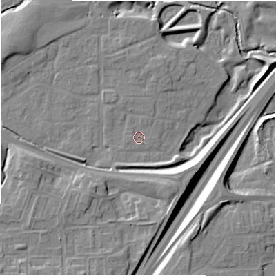 Shaded relief map of the ground around NE139AZ, computed from Environment Agency LiDAR. The ground here sits at about 55 m above sea level and falls 14 m across the surrounding 800 m. Surface water reaching this point runs off ground lying to the south-west, 1.0 m higher.