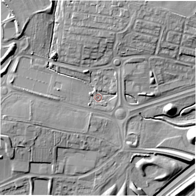 Shaded relief map of the ground around NE139EP, computed from Environment Agency LiDAR. The ground here sits at about 63 m above sea level and falls 14 m across the surrounding 800 m. Surface water reaching this point runs off ground lying to the west-south-west, 3.4 m higher.