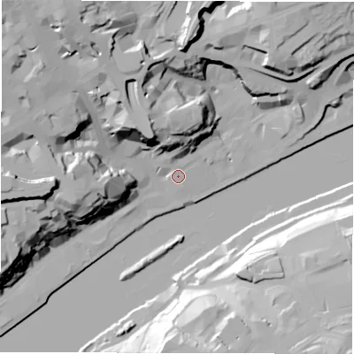Shaded relief map of the ground around NE13AE, computed from Environment Agency LiDAR. The ground here sits at about 6 m above sea level and falls 39 m across the surrounding 800 m. Surface water reaching this point runs off ground lying to the north-north-west, 24.6 m higher.