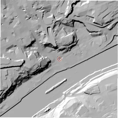 Shaded relief map of the ground around NE13AF, computed from Environment Agency LiDAR. The ground here sits at about 4 m above sea level and falls 41 m across the surrounding 800 m. Surface water reaching this point runs off ground lying to the north-west, 37.1 m higher.