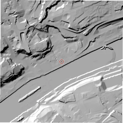 Shaded relief map of the ground around NE13DE, computed from Environment Agency LiDAR. The ground here sits at about 4 m above sea level and falls 41 m across the surrounding 800 m. Surface water reaching this point runs off ground lying to the north-west, 37.1 m higher.
