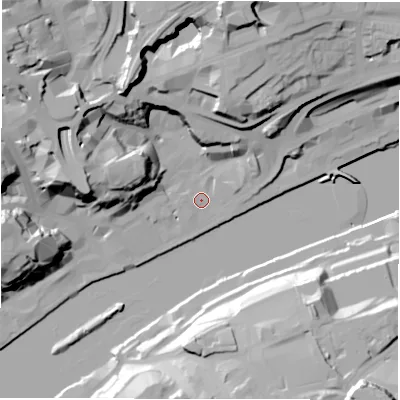 Shaded relief map of the ground around NE13DQ, computed from Environment Agency LiDAR. The ground here sits at about 4 m above sea level and falls 42 m across the surrounding 800 m. Surface water reaching this point runs off ground lying to the north-west, 37.5 m higher.