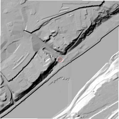 Shaded relief map of the ground around NE13RH, computed from Environment Agency LiDAR. The ground here sits at about 5 m above sea level and falls 51 m across the surrounding 800 m. Surface water reaching this point runs off ground lying to the north-west, 36.5 m higher.