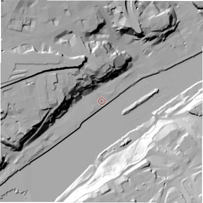 Shaded relief map of the ground around NE13RN, computed from Environment Agency LiDAR. The ground here sits at about 4 m above sea level and falls 43 m across the surrounding 800 m. Surface water reaching this point runs off ground lying to the south-south-east, 38.4 m higher.