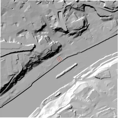 Shaded relief map of the ground around NE13RQ, computed from Environment Agency LiDAR. The ground here sits at about 4 m above sea level and falls 41 m across the surrounding 800 m. Surface water reaching this point runs off ground lying to the north-west, 39.4 m higher.