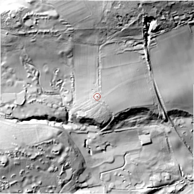 Shaded relief map of the ground around NE150HT, computed from Environment Agency LiDAR. The ground here sits at about 63 m above sea level and falls 111 m across the surrounding 800 m. Surface water reaching this point runs off ground lying to the north-north-east, 22.8 m higher.