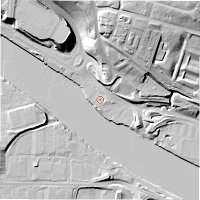 Shaded relief map of the ground around NE156XA, computed from Environment Agency LiDAR. The ground here sits at about 5 m above sea level and falls 54 m across the surrounding 800 m. Surface water reaching this point runs off ground lying to the east-south-east, 0.8 m higher.