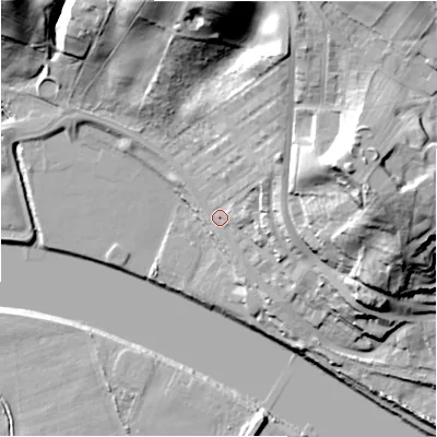 Shaded relief map of the ground around NE158ND, computed from Environment Agency LiDAR. The ground here sits at about 10 m above sea level and falls 46 m across the surrounding 800 m. Surface water reaching this point runs off ground lying to the east-north-east, 37.1 m higher.