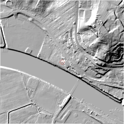 Shaded relief map of the ground around NE158NL, computed from Environment Agency LiDAR. The ground here sits at about 7 m above sea level and falls 45 m across the surrounding 800 m. Surface water reaching this point runs off ground lying to the north-east, 3.6 m higher.