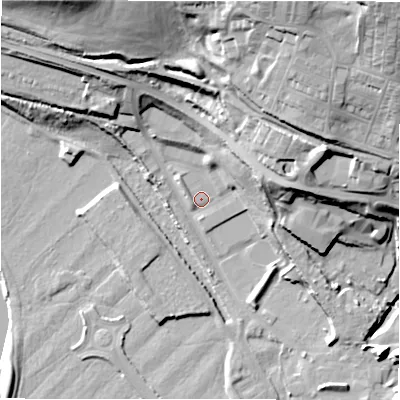 Shaded relief map of the ground around NE158SG, computed from Environment Agency LiDAR. The ground here sits at about 7 m above sea level and falls 47 m across the surrounding 800 m. Surface water reaching this point runs off ground lying to the east-north-east, 15.7 m higher.
