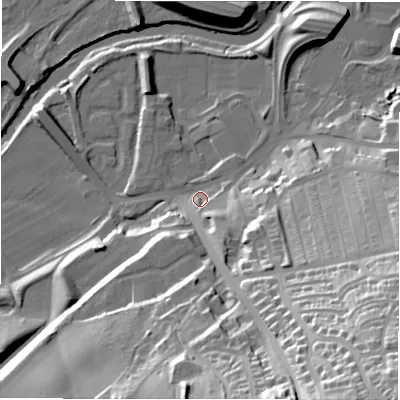 Shaded relief map of the ground around NE163AA, computed from Environment Agency LiDAR. The ground here sits at about 7 m above sea level and falls 64 m across the surrounding 800 m. Surface water reaching this point runs off ground lying to the south-south-east, 12.9 m higher.