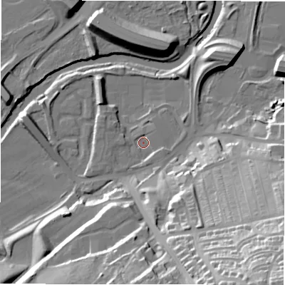 Shaded relief map of the ground around NE163AD, computed from Environment Agency LiDAR. The ground here sits at about 5 m above sea level and falls 54 m across the surrounding 800 m. Surface water reaching this point runs off ground lying to the south-south-east, 36.6 m higher.