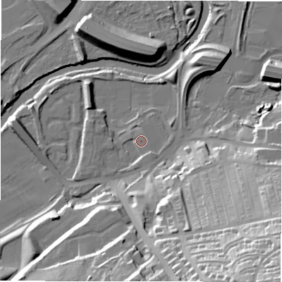 Shaded relief map of the ground around NE163AF, computed from Environment Agency LiDAR. The ground here sits at about 6 m above sea level and falls 54 m across the surrounding 800 m. Surface water reaching this point runs off ground lying to the south-south-east, 34.2 m higher.