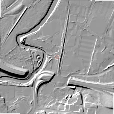 Shaded relief map of the ground around NE163AS, computed from Environment Agency LiDAR. The ground here sits at about 6 m above sea level and falls 23 m across the surrounding 800 m. Surface water reaching this point runs off ground lying to the east-north-east, 1.2 m higher.