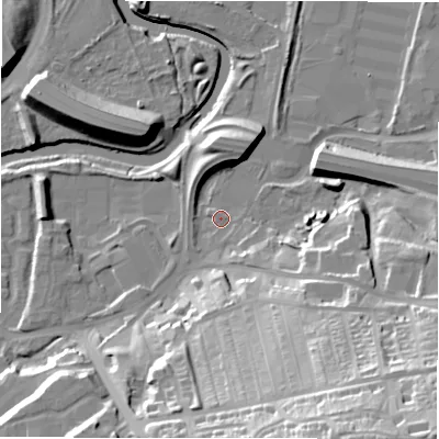 Shaded relief map of the ground around NE163AW, computed from Environment Agency LiDAR. The ground here sits at about 5 m above sea level and falls 47 m across the surrounding 800 m. Surface water reaching this point runs off ground lying to the south-east, 42.7 m higher.