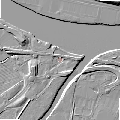 Shaded relief map of the ground around NE163BE, computed from Environment Agency LiDAR. The ground here sits at about 4 m above sea level and falls 15 m across the surrounding 800 m. Surface water reaching this point runs off ground lying to the south-east, 5.3 m higher.