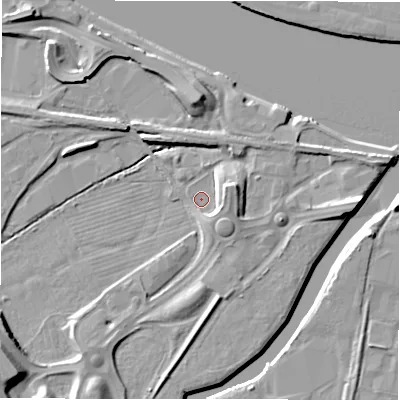 Shaded relief map of the ground around NE163BJ, computed from Environment Agency LiDAR. The ground here sits at about 3 m above sea level and falls 11 m across the surrounding 800 m. Surface water reaching this point runs off ground lying to the east-north-east, 6.4 m higher.