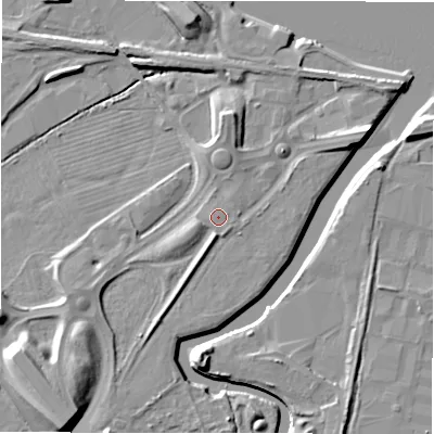 Shaded relief map of the ground around NE163BL, computed from Environment Agency LiDAR. The ground here sits at about 5 m above sea level and falls 14 m across the surrounding 800 m. Surface water reaching this point runs off ground lying to the south-east, 0.5 m higher.