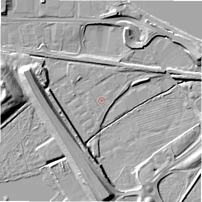 Shaded relief map of the ground around NE163BQ, computed from Environment Agency LiDAR. The ground here sits at about 4 m above sea level and falls 13 m across the surrounding 800 m. Surface water reaching this point runs off ground lying to the south-south-west, 0.6 m higher.