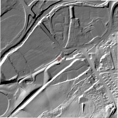 Shaded relief map of the ground around NE163BW, computed from Environment Agency LiDAR. The ground here sits at about 7 m above sea level and falls 60 m across the surrounding 800 m. Surface water reaching this point runs off ground lying to the south-east, 55.5 m higher.