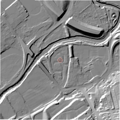 Shaded relief map of the ground around NE163BZ, computed from Environment Agency LiDAR. The ground here sits at about 5 m above sea level and falls 35 m across the surrounding 800 m. Surface water reaching this point runs off ground lying to the south-south-east, 21.8 m higher.
