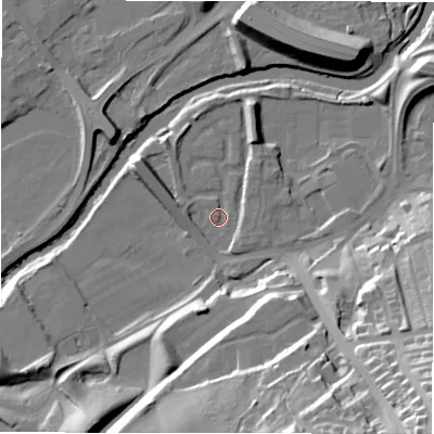 Shaded relief map of the ground around NE163DB, computed from Environment Agency LiDAR. The ground here sits at about 5 m above sea level and falls 48 m across the surrounding 800 m. Surface water reaching this point runs off ground lying to the south-south-east, 35.8 m higher.