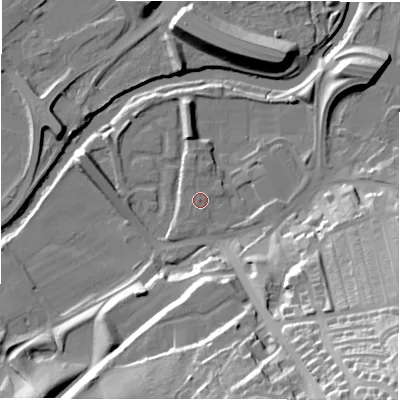 Shaded relief map of the ground around NE163DD, computed from Environment Agency LiDAR. The ground here sits at about 7 m above sea level and falls 52 m across the surrounding 800 m. Surface water reaching this point runs off ground lying to the south-west, 1.0 m higher.