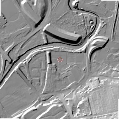 Shaded relief map of the ground around NE163DJ, computed from Environment Agency LiDAR. The ground here sits at about 4 m above sea level and falls 38 m across the surrounding 800 m. Surface water reaching this point runs off ground lying to the south-east, 30.5 m higher.