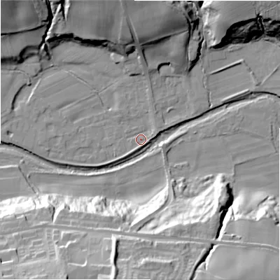 Shaded relief map of the ground around NE177BF, computed from Environment Agency LiDAR. The ground here sits at about 54 m above sea level and falls 44 m across the surrounding 800 m. Surface water reaching this point runs off ground lying to the west-south-west, 1.8 m higher.
