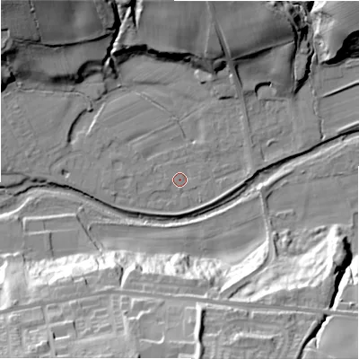Shaded relief map of the ground around NE177DR, computed from Environment Agency LiDAR. The ground here sits at about 54 m above sea level and falls 43 m across the surrounding 800 m. Surface water reaching this point runs off ground lying to the west-south-west, 2.8 m higher.