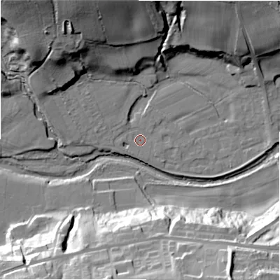 Shaded relief map of the ground around NE177DT, computed from Environment Agency LiDAR. The ground here sits at about 56 m above sea level and falls 40 m across the surrounding 800 m. Surface water reaching this point runs off ground lying to the west-north-west, 2.8 m higher.