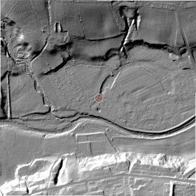 Shaded relief map of the ground around NE177DX, computed from Environment Agency LiDAR. The ground here sits at about 57 m above sea level and falls 41 m across the surrounding 800 m. Surface water reaching this point runs off ground lying to the west, 2.5 m higher.