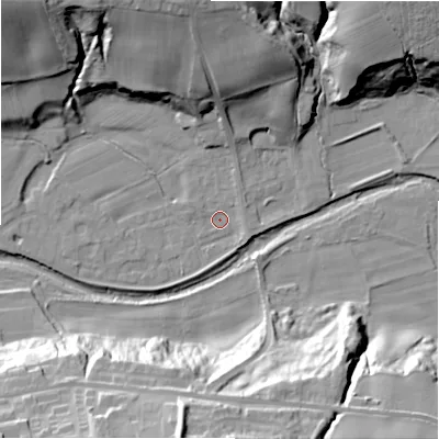 Shaded relief map of the ground around NE177LH, computed from Environment Agency LiDAR. The ground here sits at about 54 m above sea level and falls 40 m across the surrounding 800 m. Surface water reaching this point runs off ground lying to the west-south-west, 1.3 m higher.