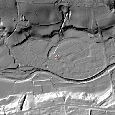 Shaded relief map of the ground around NE177LJ, computed from Environment Agency LiDAR. The ground here sits at about 56 m above sea level and falls 42 m across the surrounding 800 m. Surface water reaching this point runs off ground lying to the west, 3.1 m higher.