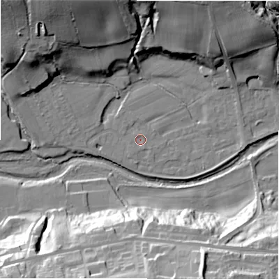Shaded relief map of the ground around NE177LW, computed from Environment Agency LiDAR. The ground here sits at about 55 m above sea level and falls 40 m across the surrounding 800 m. Surface water reaching this point runs off ground lying to the south-south-west, 1.0 m higher.