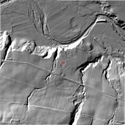 Shaded relief map of the ground around NE177RR, computed from Environment Agency LiDAR. The ground here sits at about 69 m above sea level and falls 75 m across the surrounding 800 m. Surface water reaching this point runs off ground lying to the south-south-west, 6.8 m higher.