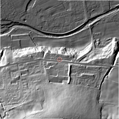 Shaded relief map of the ground around NE177SP, computed from Environment Agency LiDAR. The ground here sits at about 79 m above sea level and falls 77 m across the surrounding 800 m. Surface water reaching this point runs off ground lying to the south, 50.1 m higher.