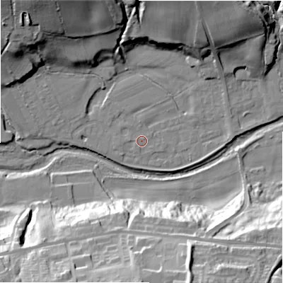 Shaded relief map of the ground around NE177TG, computed from Environment Agency LiDAR. The ground here sits at about 55 m above sea level and falls 42 m across the surrounding 800 m. Surface water reaching this point runs off ground lying to the west, 1.0 m higher.