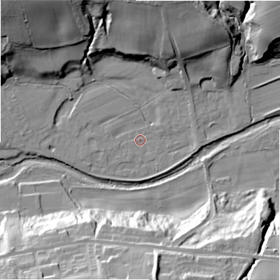 Shaded relief map of the ground around NE177TH, computed from Environment Agency LiDAR. The ground here sits at about 54 m above sea level and falls 40 m across the surrounding 800 m. Surface water reaching this point runs off ground lying to the west-south-west, 3.0 m higher.