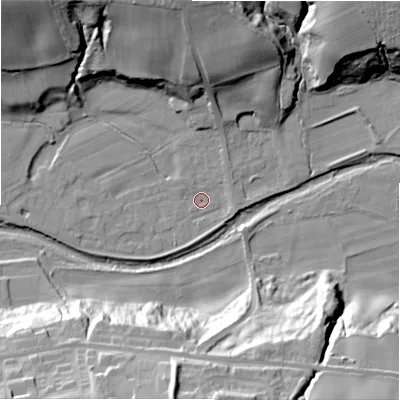Shaded relief map of the ground around NE177TJ, computed from Environment Agency LiDAR. The ground here sits at about 54 m above sea level and falls 40 m across the surrounding 800 m. Surface water reaching this point runs off ground lying to the west-south-west, 1.4 m higher.