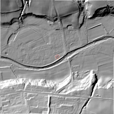 Shaded relief map of the ground around NE177TL, computed from Environment Agency LiDAR. The ground here sits at about 54 m above sea level and falls 44 m across the surrounding 800 m. Surface water reaching this point runs off ground lying to the south-west, 1.8 m higher.
