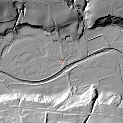 Shaded relief map of the ground around NE177TN, computed from Environment Agency LiDAR. The ground here sits at about 54 m above sea level and falls 40 m across the surrounding 800 m. Surface water reaching this point runs off ground lying to the north-west, 32.8 m higher.