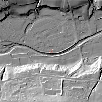 Shaded relief map of the ground around NE177TQ, computed from Environment Agency LiDAR. The ground here sits at about 55 m above sea level and falls 49 m across the surrounding 800 m. Surface water reaching this point runs off ground lying to the west-north-west, 2.8 m higher.