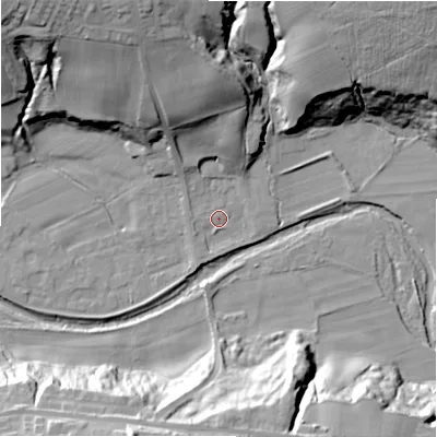 Shaded relief map of the ground around NE177TR, computed from Environment Agency LiDAR. The ground here sits at about 54 m above sea level and falls 39 m across the surrounding 800 m. Surface water reaching this point runs off ground lying to the south-south-west, 2.4 m higher.